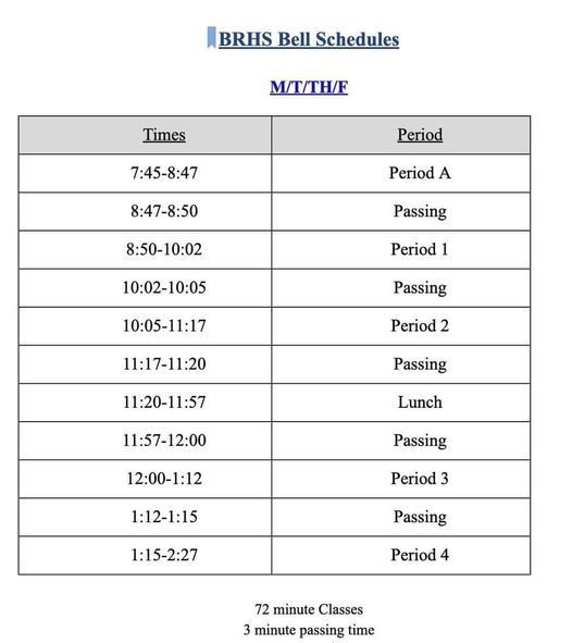 BRHS 2023-2024 Bell Schedule and Start
